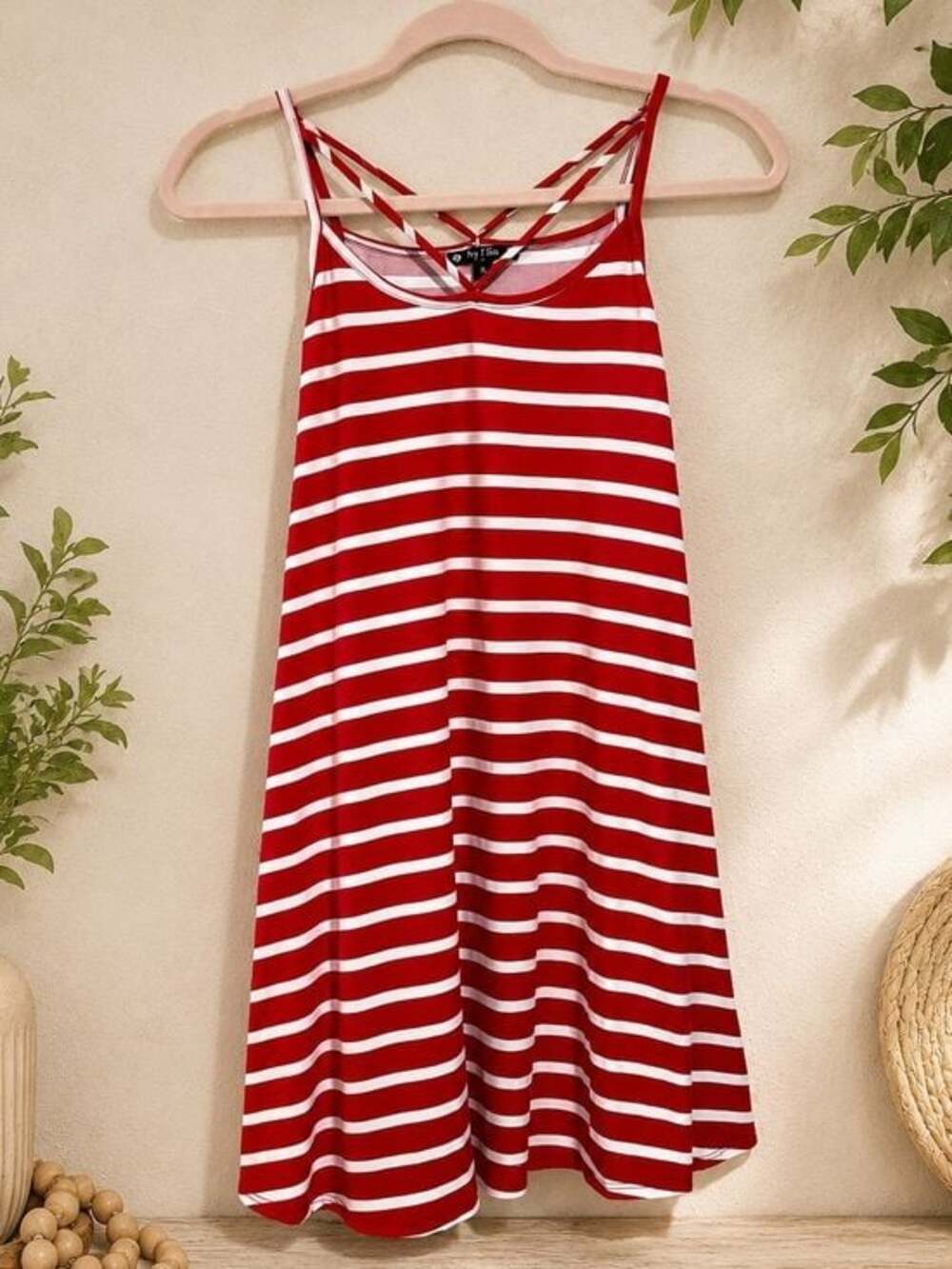 Try This Red White Striped Swing Dress Criss Cross Straps Size Small